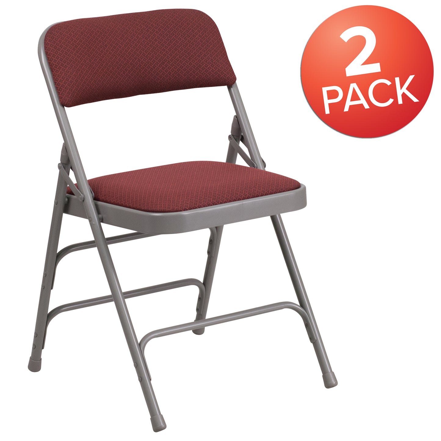 2 Pack HERCULES Series Curved Triple Braced & Double Hinged Burgundy Patterned Fabric Metal Folding Chair Burgundy Fabric/Grey Frame