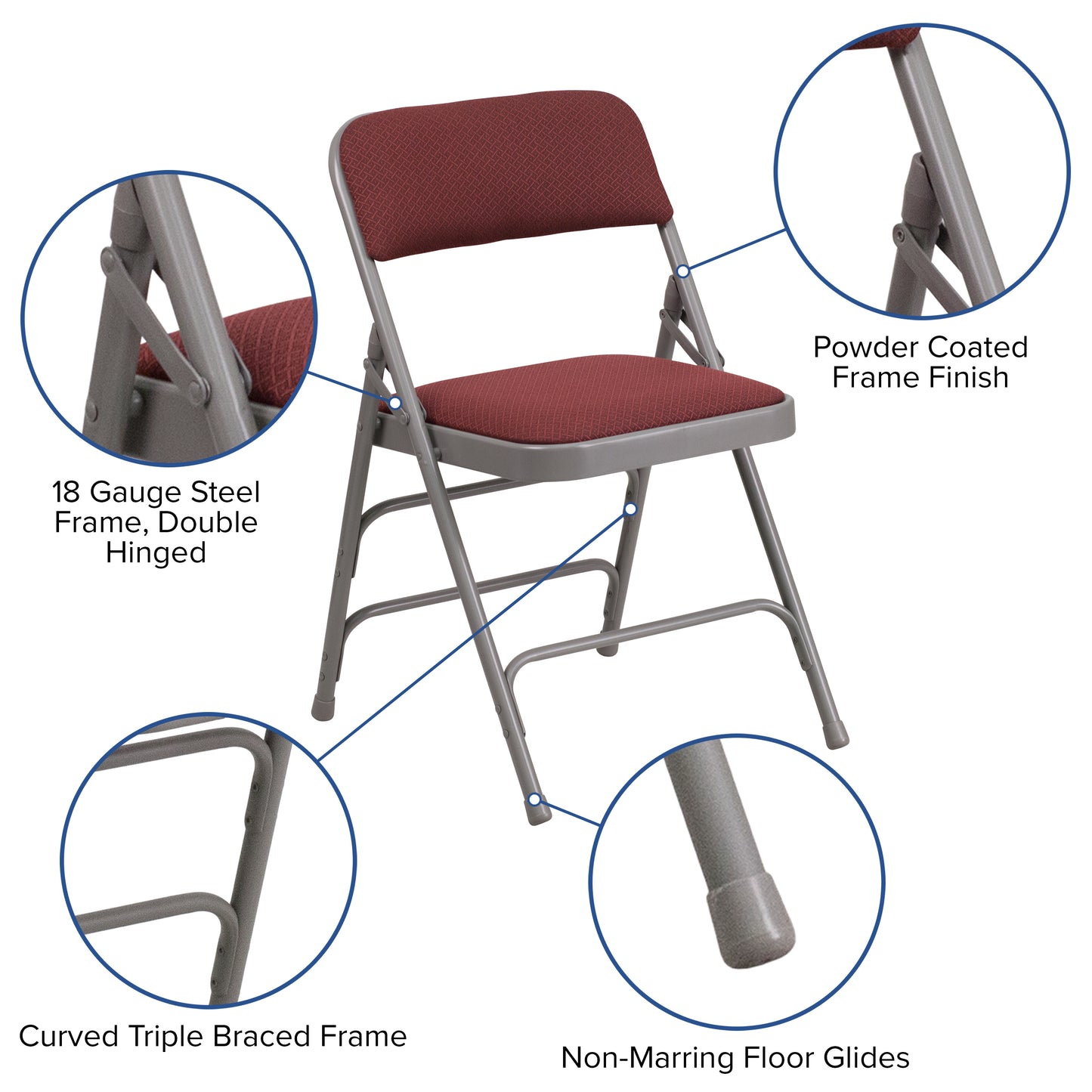 2 Pack HERCULES Series Curved Triple Braced & Double Hinged Burgundy Patterned Fabric Metal Folding Chair Burgundy Fabric/Grey Frame