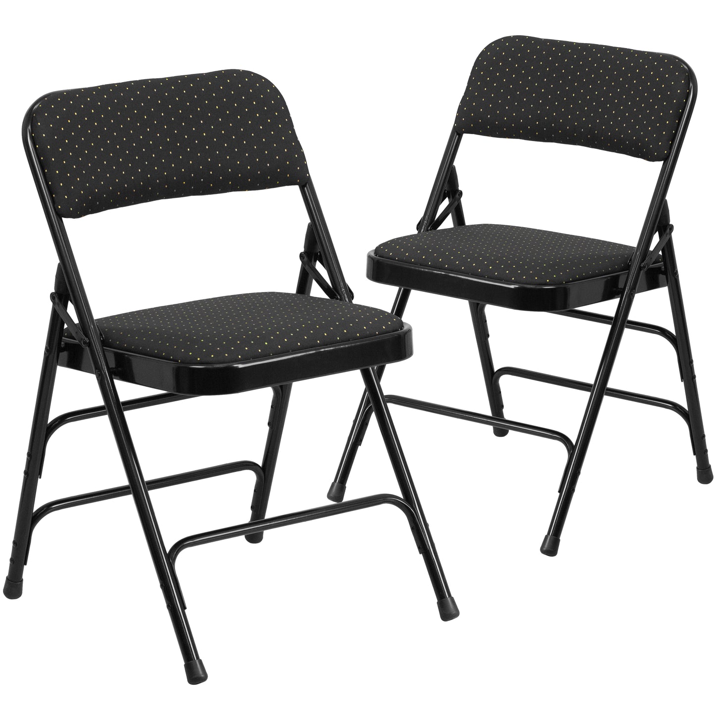 2 Pack HERCULES Series Curved Triple Braced & Double Hinged Black Patterned Fabric Metal Folding Chair Black Patterned 2-AW-MC309AF-BLK-GG
