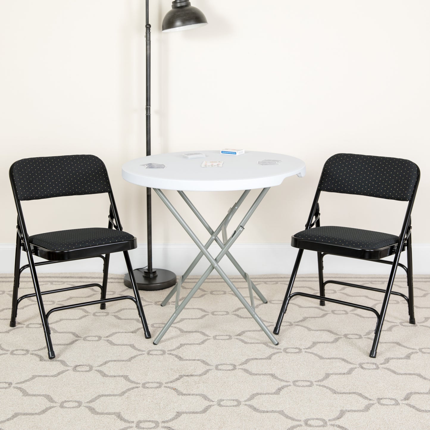 2 Pack HERCULES Series Curved Triple Braced & Double Hinged Black Patterned Fabric Metal Folding Chair Black Patterned 2-AW-MC309AF-BLK-GG