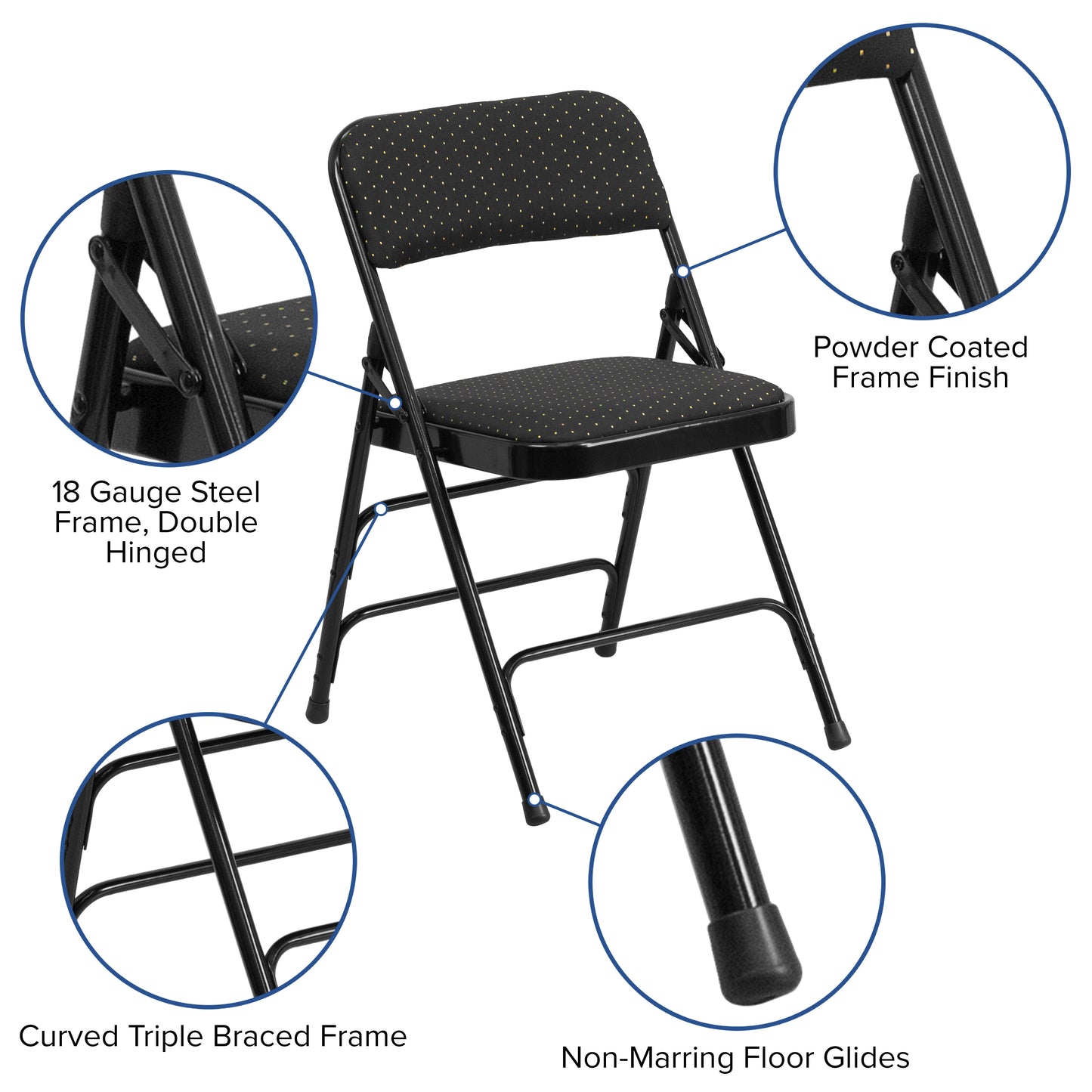 2 Pack HERCULES Series Curved Triple Braced & Double Hinged Black Patterned Fabric Metal Folding Chair Black Patterned 2-AW-MC309AF-BLK-GG