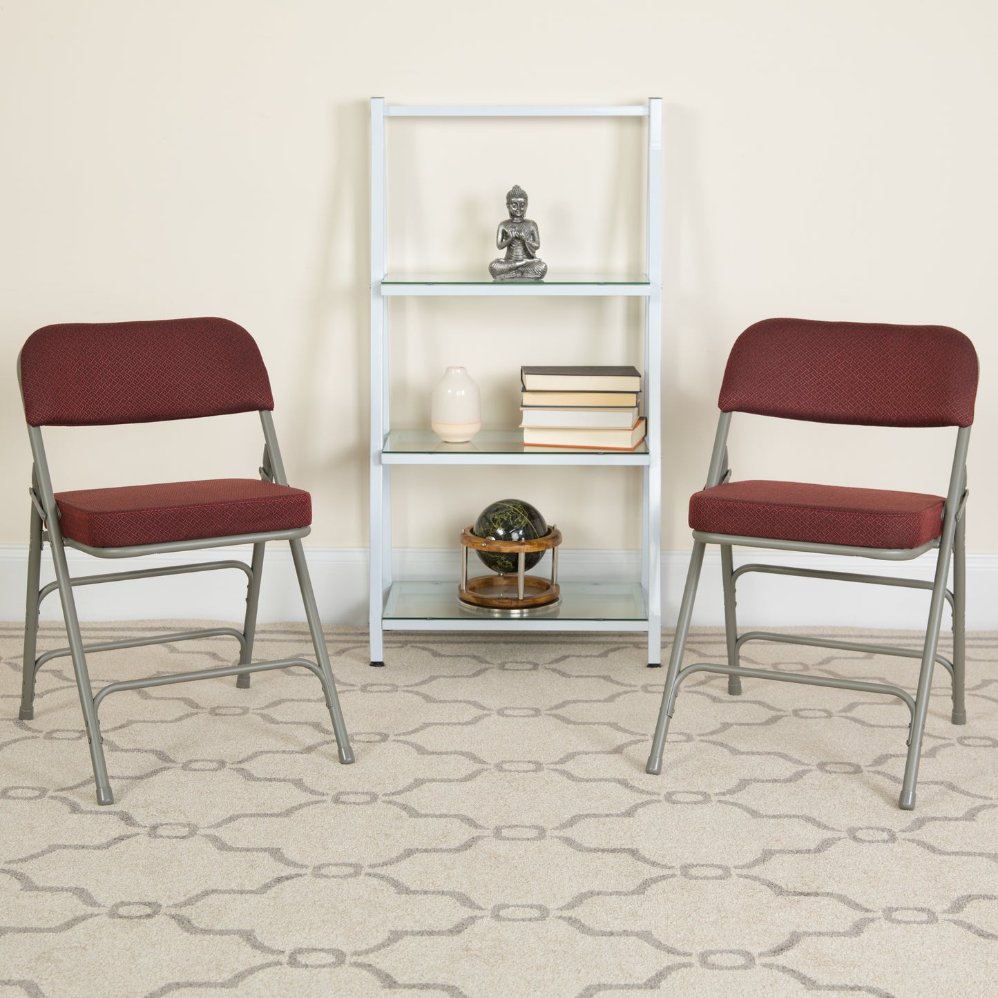 2 Pack HERCULES Series Premium Curved Triple Braced & Double Hinged Burgundy Fabric Metal Folding Chair Burgundy