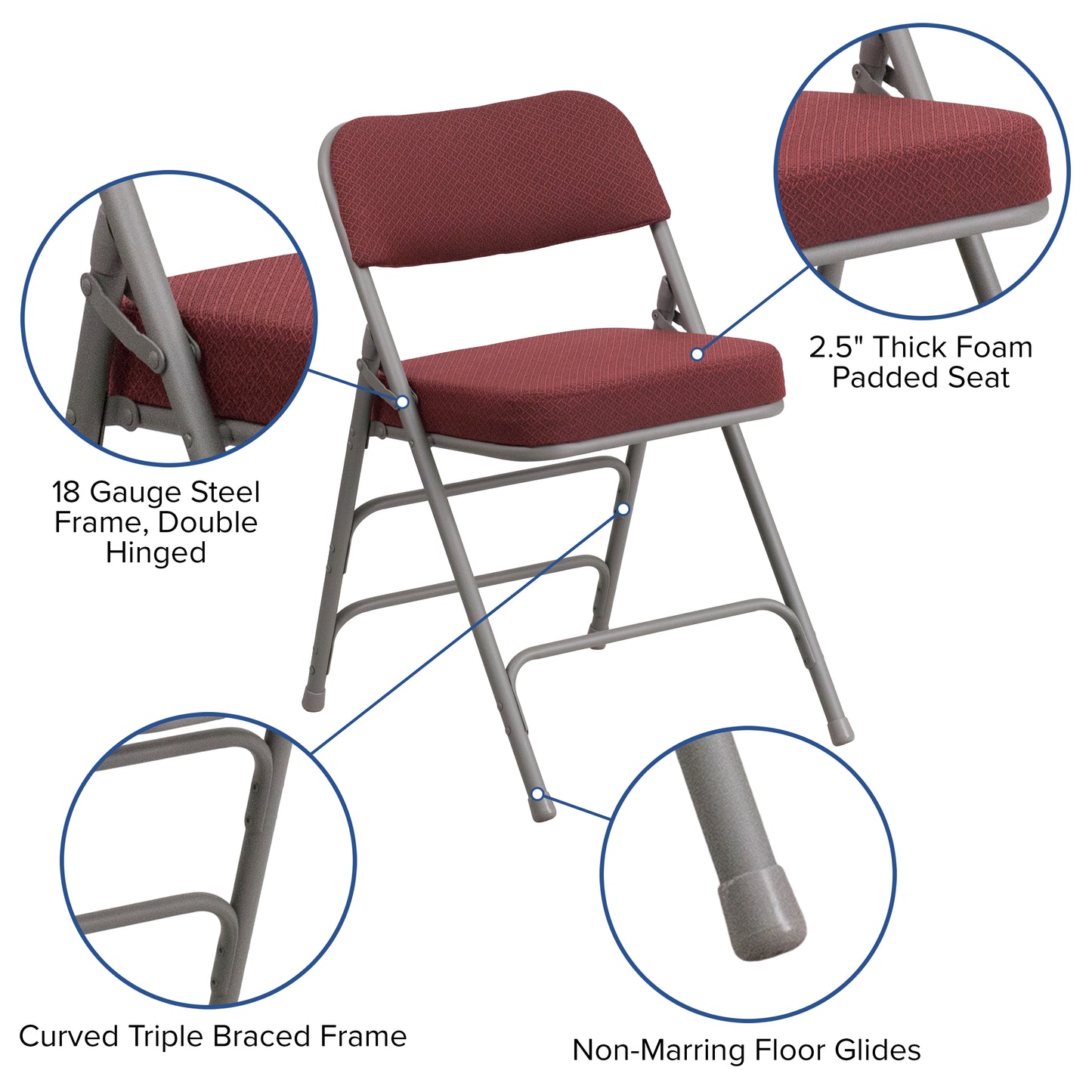 2 Pack HERCULES Series Premium Curved Triple Braced & Double Hinged Burgundy Fabric Metal Folding Chair Burgundy