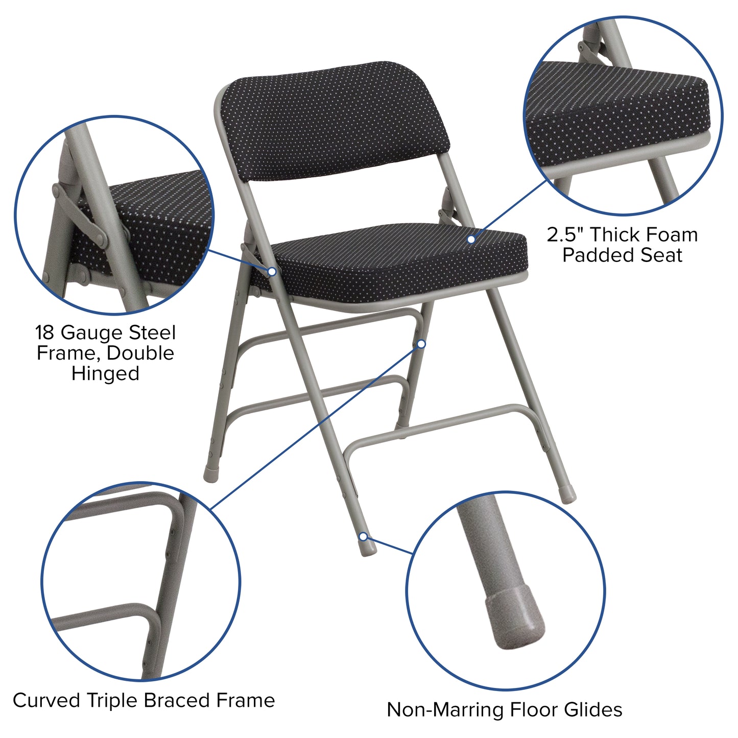 2 Pack HERCULES Series Premium Curved Triple Braced & Double Hinged Black Pin-Dot Fabric Metal Folding Chair Black
