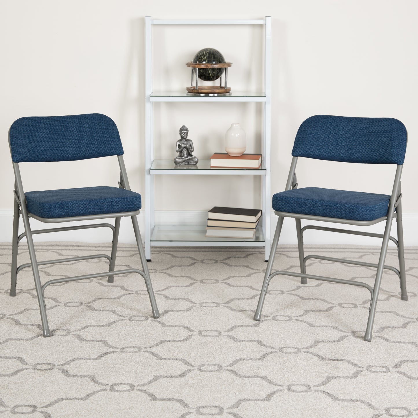 2 Pack HERCULES Series Premium Curved Triple Braced & Double Hinged Navy Fabric Metal Folding Chair Navy