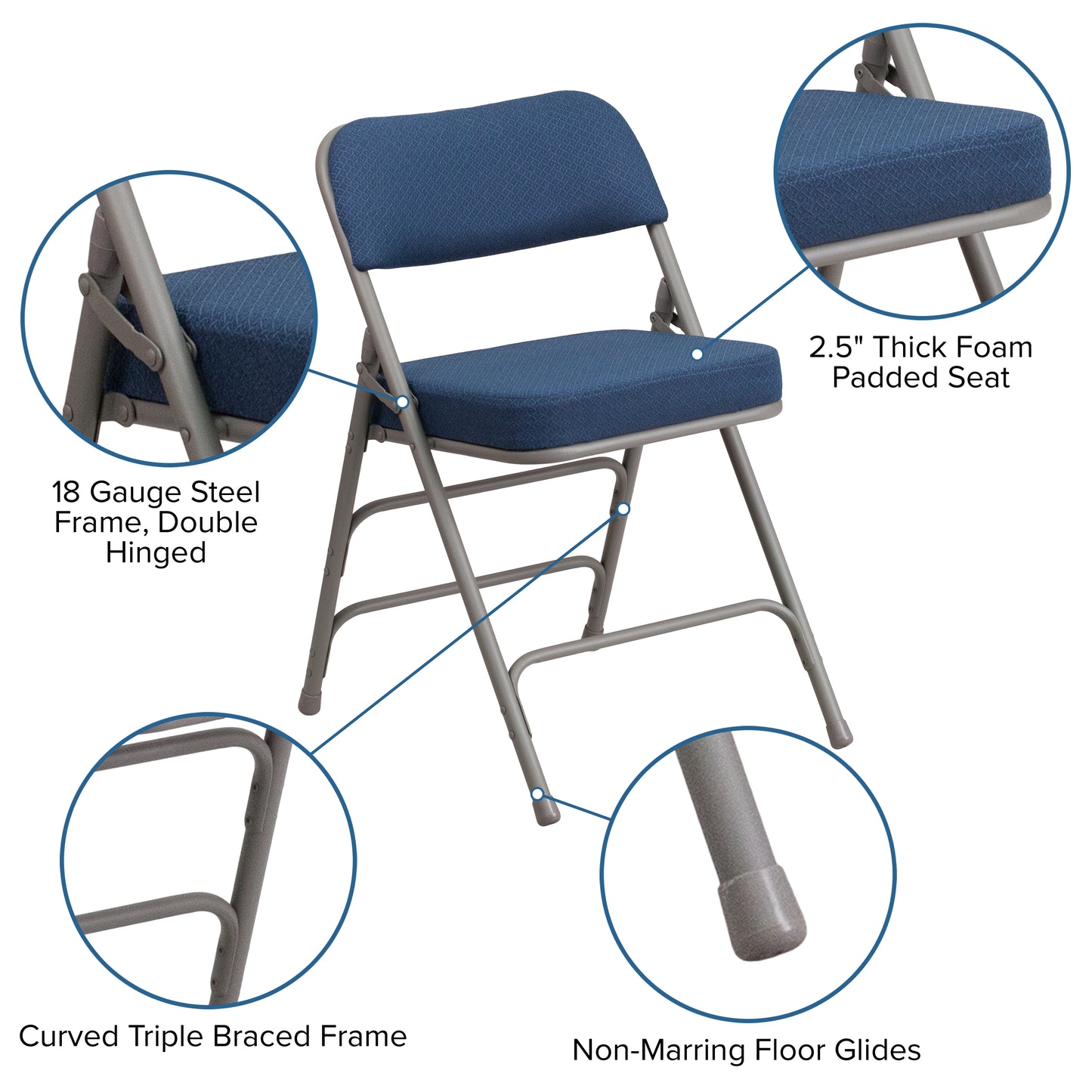 2 Pack HERCULES Series Premium Curved Triple Braced & Double Hinged Navy Fabric Metal Folding Chair Navy