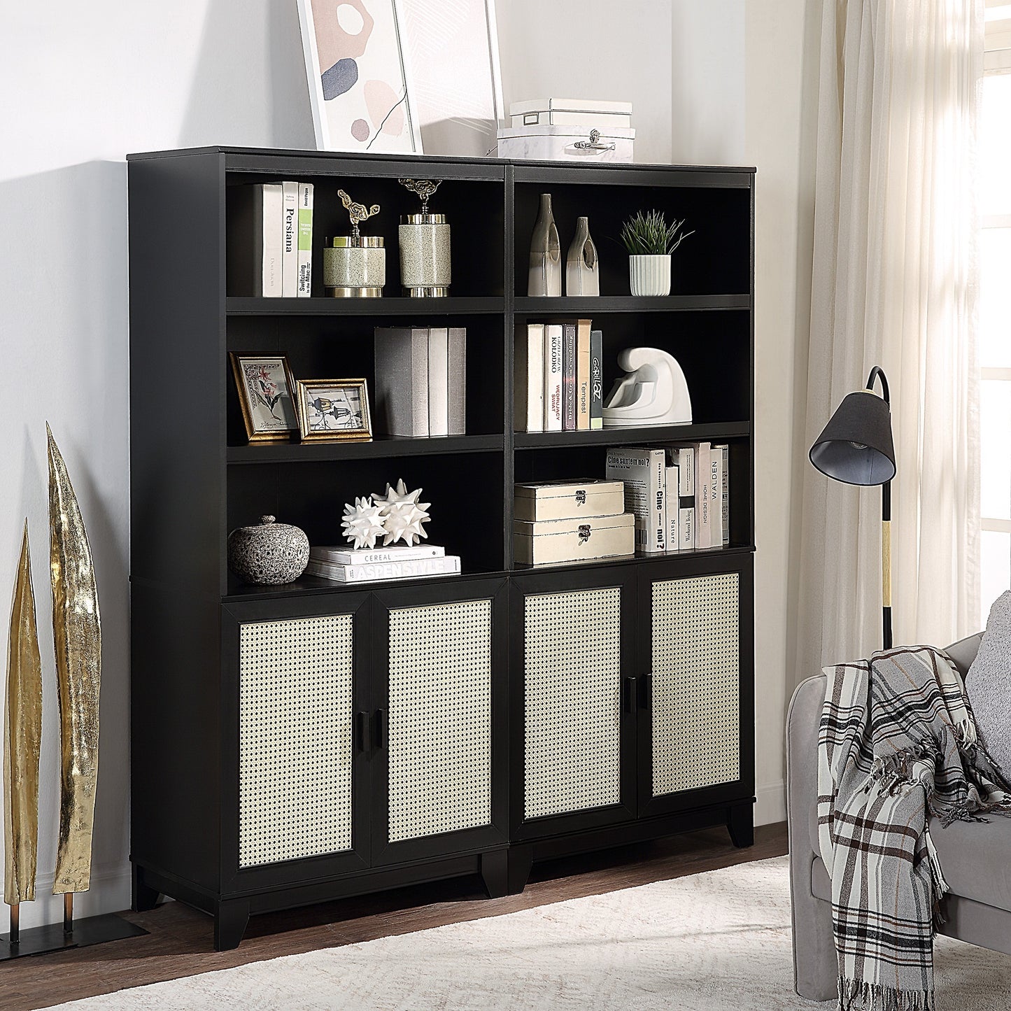 Manhattan Comfort Sheridan Modern Cane Bookcase with Adjustable Shelves in Black - Set of 2 2-BC-6GLF-BK