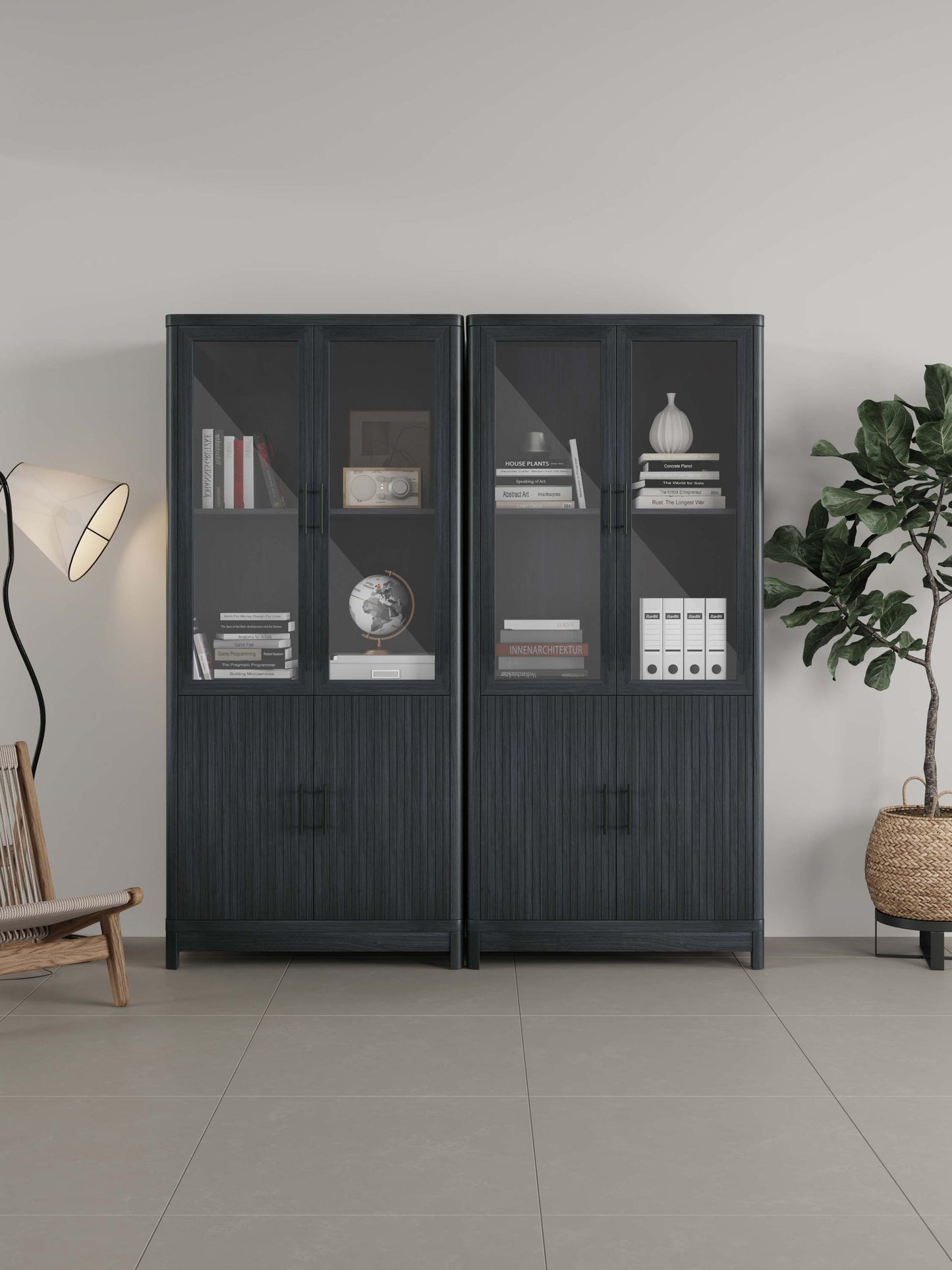 Jodie Mid-Century Modern 31" Bookcase Cabinet in Charcoal Gray (6-Shelf) - Set of 2 2-BC001-GY