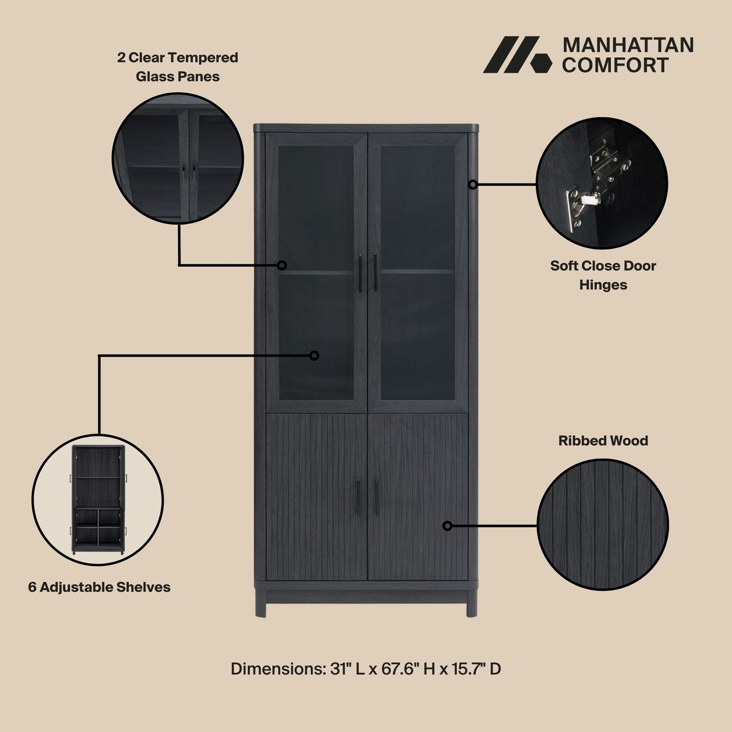 Jodie Mid-Century Modern 31" Bookcase Cabinet in Charcoal Gray (6-Shelf) - Set of 2 2-BC001-GY