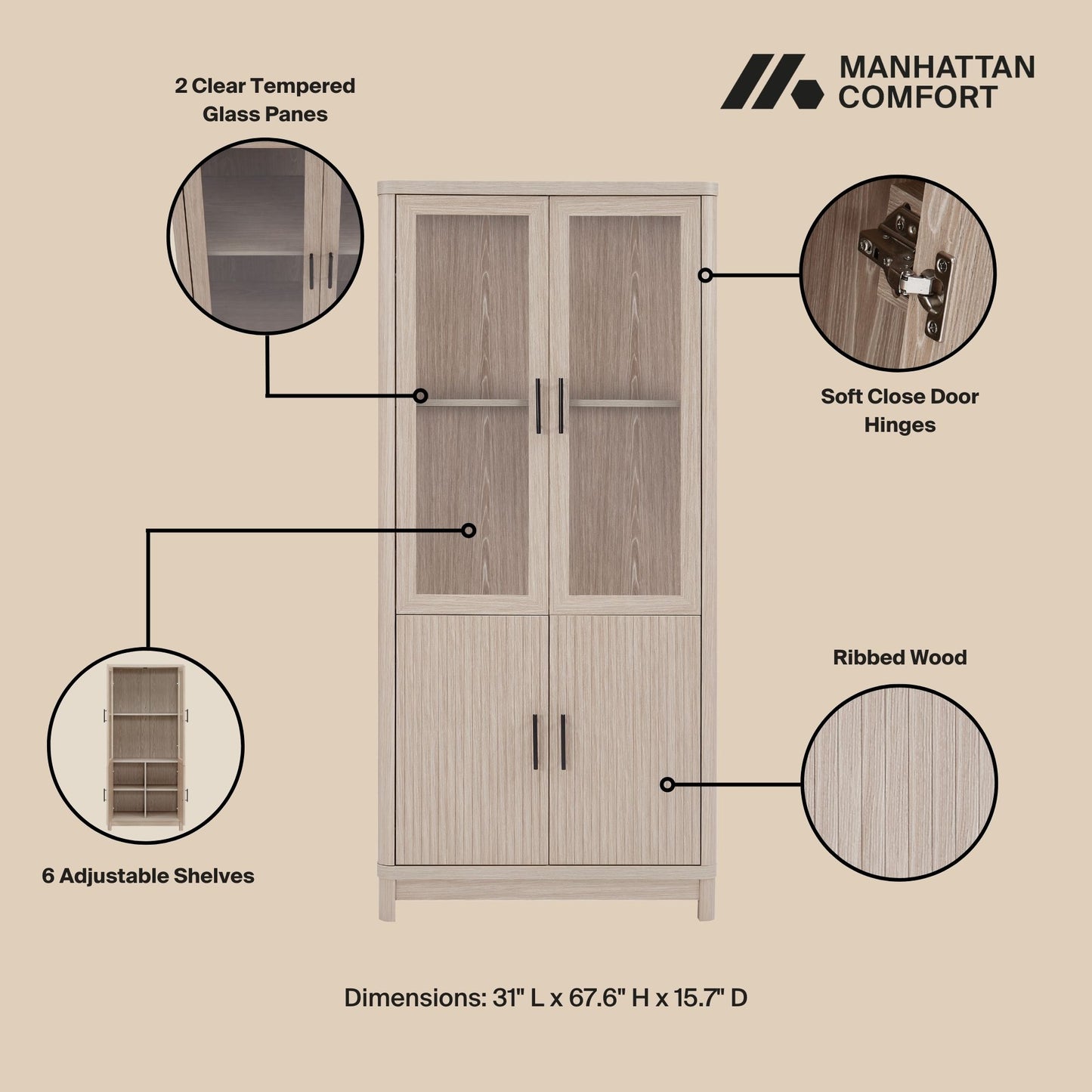 Jodie Mid-Century Modern 31" Bookcase Cabinet in Whitewashed Oak (6-Shelf) - Set of 2 2-BC001-OK