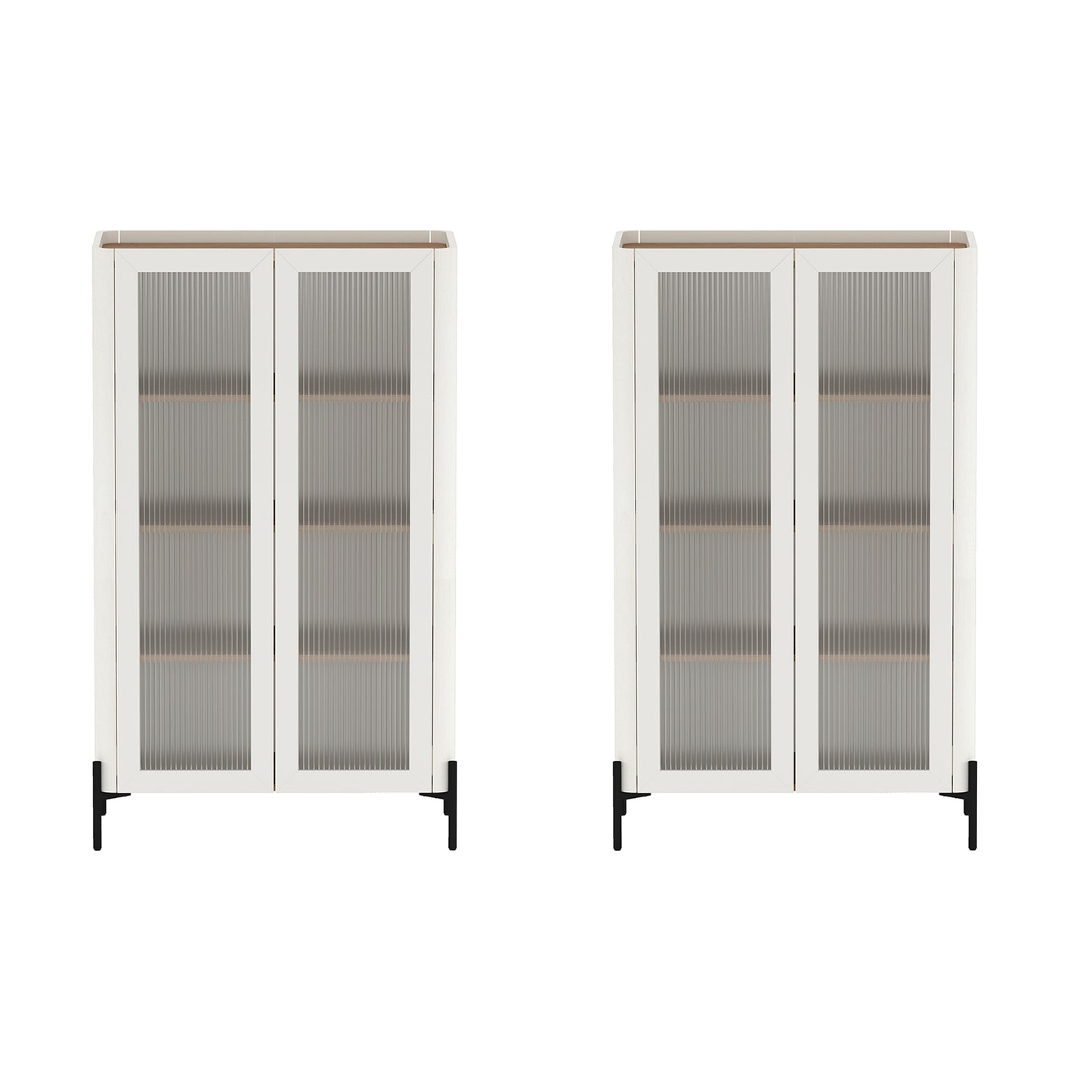 Abbey Modern 32" Tempered Glass Bookcase Cabinet in Maple and Off White (4-Shelf) - Set of 2 2-BC002-OW