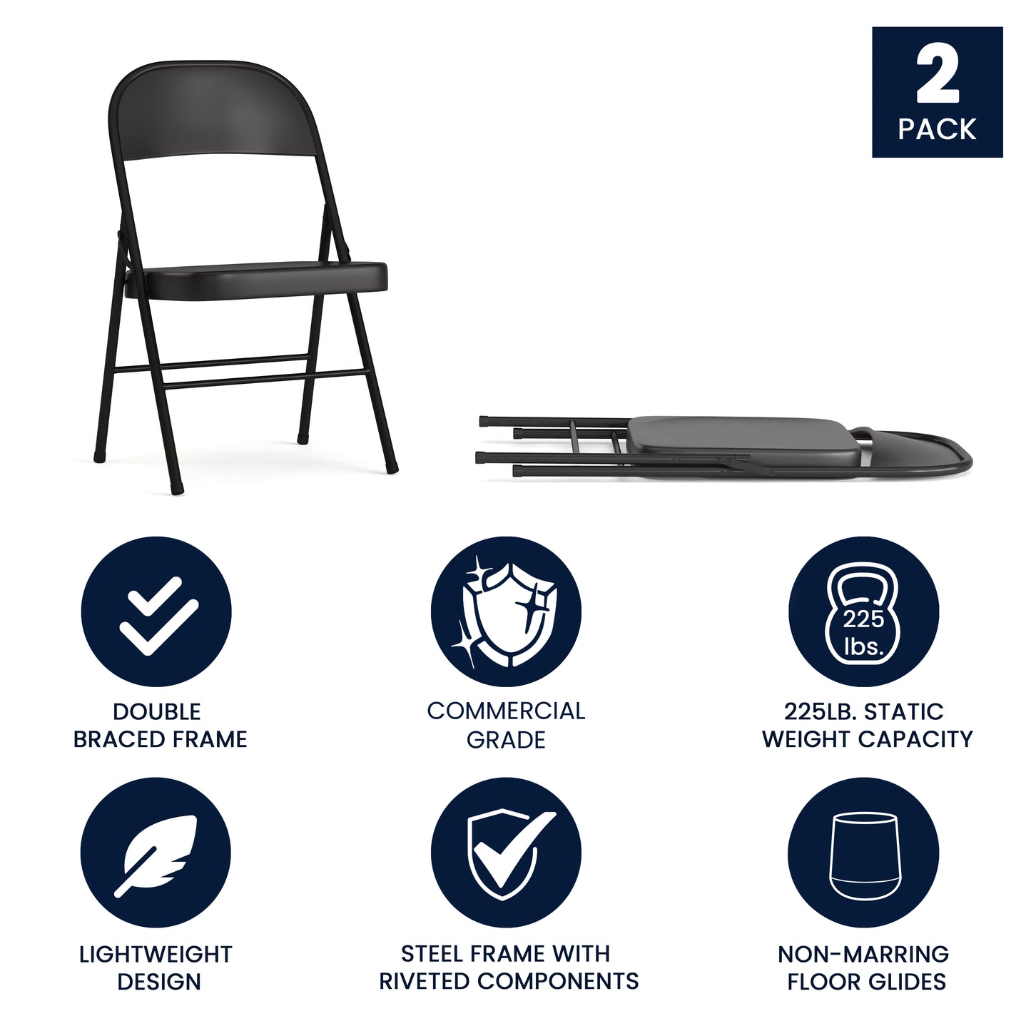 2 Pack HERCULES Series Double Braced Black Metal Folding Chair Black