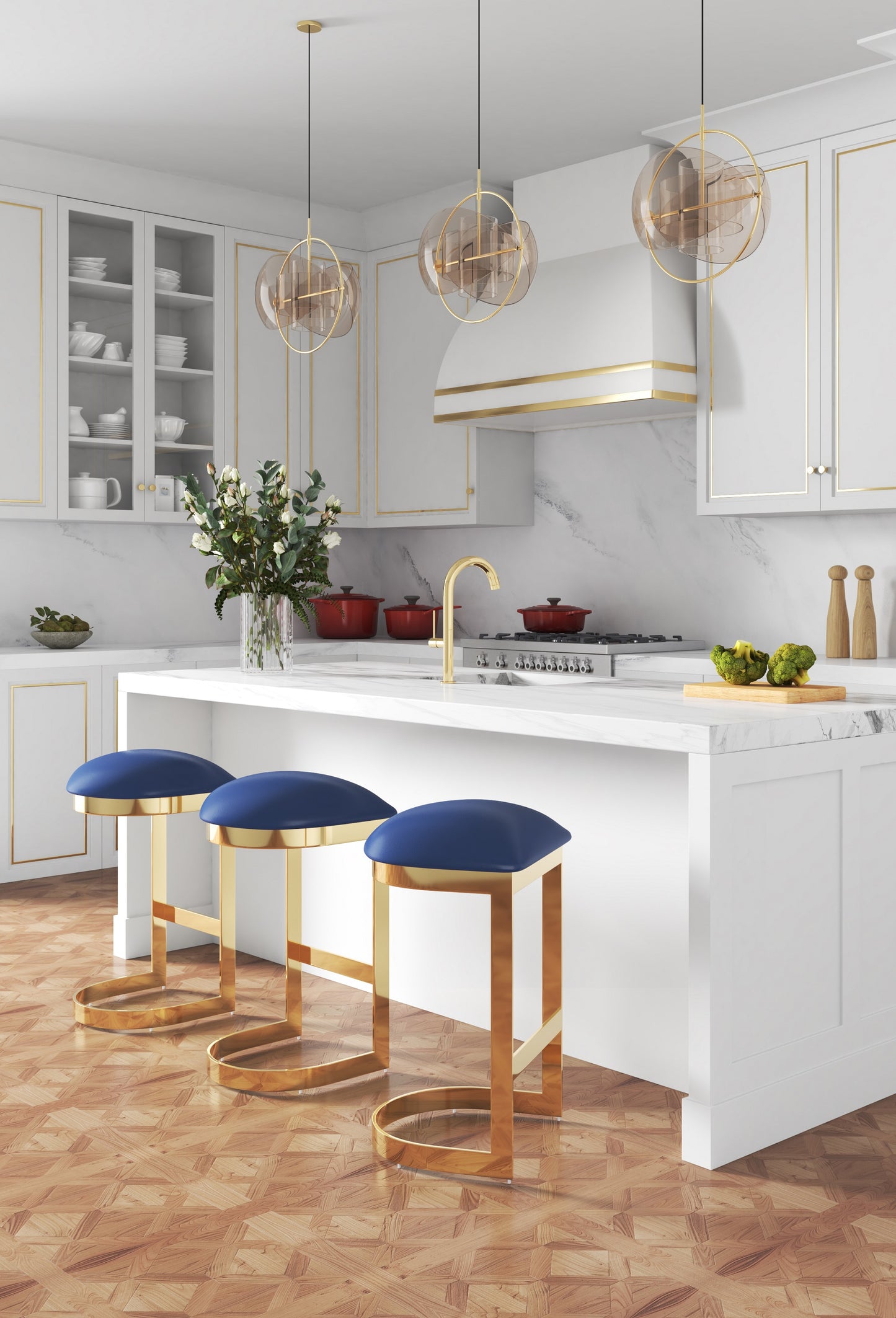 Manhattan Comfort Aura 28.54 in. Blue and Polished Brass Stainless Steel Bar Stool (Set of 2) 2-BS006-BL