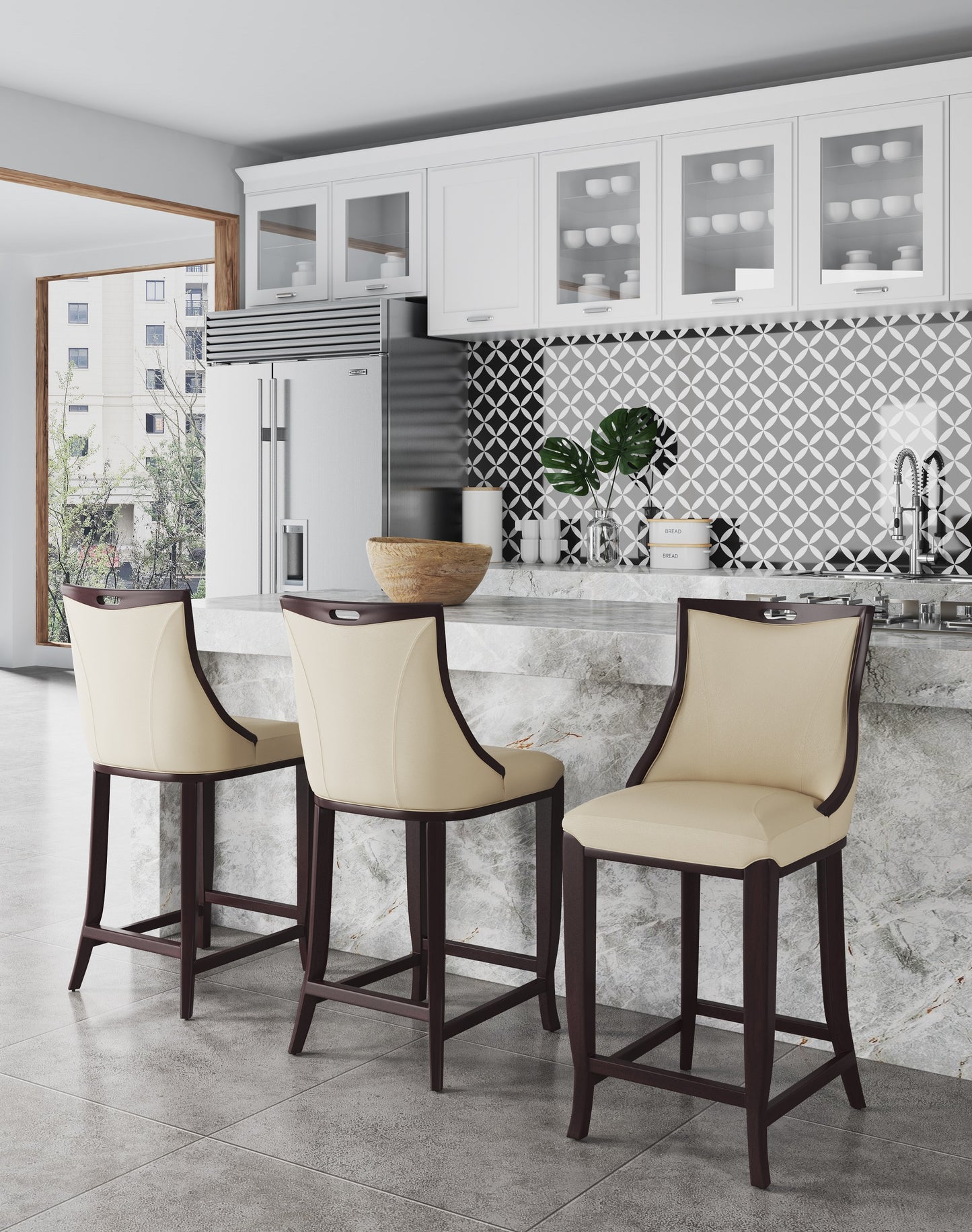 Emperor Traditional Wood Upholstered Barstool in Cream - Set of 2 2-BS008-CR