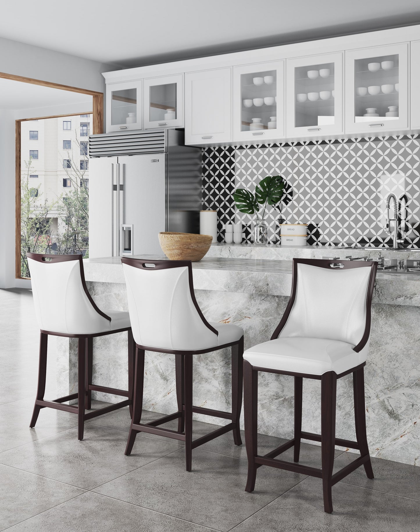 Emperor Traditional Wood Upholstered Barstool in Pearl White - Set of 2 2-BS008-PW