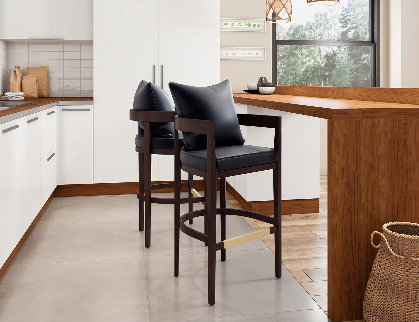 Ritz Mid-Century Modern Wood Upholstered Barstool in Black - Set of 2 2-BS013-BK
