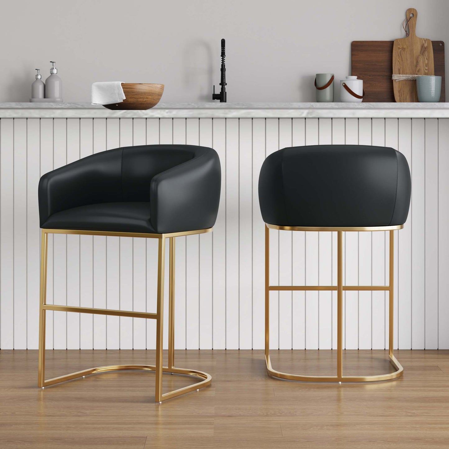 Manhattan Comfort Louvre Mid-Century Modern Leatherette Upholstered Barstool in Black and Titanium Gold- Set of 2 2-BS016-BK
