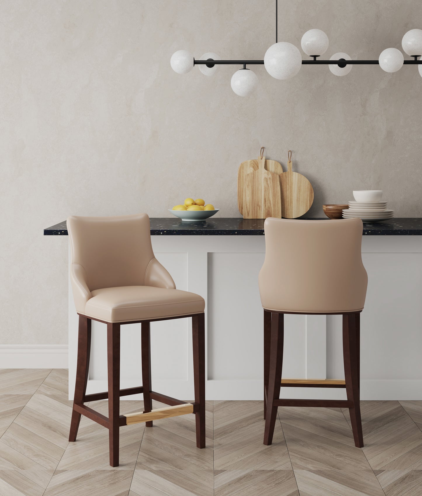 Manhattan Comfort Modern Shubert Barstool Upholstered in Tan Leatherette with Beech Wood Legs - Set of 2 2-BS019-TN
