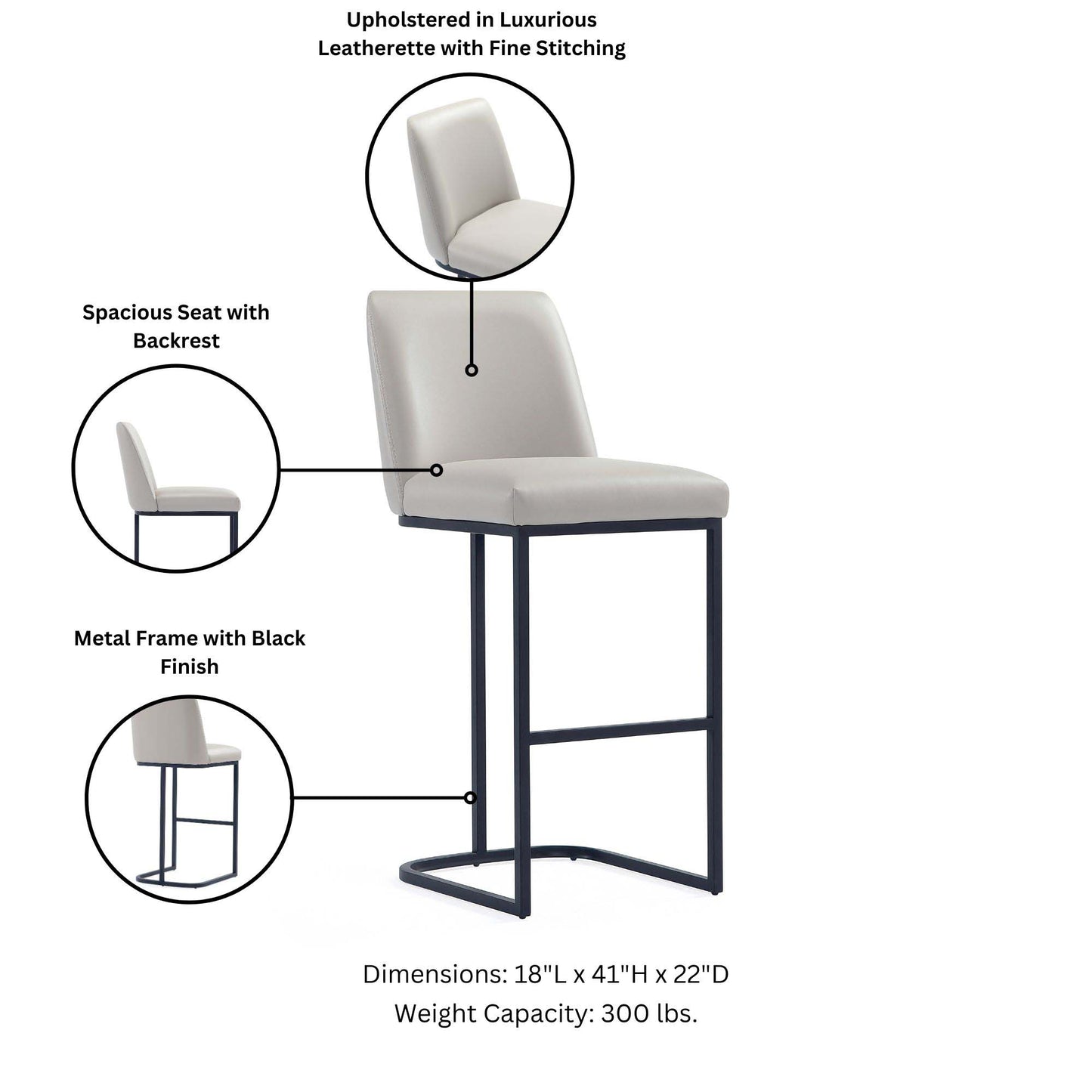 Serena Modern Metal Upholstered Barstool in Light Gray - Set of 2 2-BS020-LG