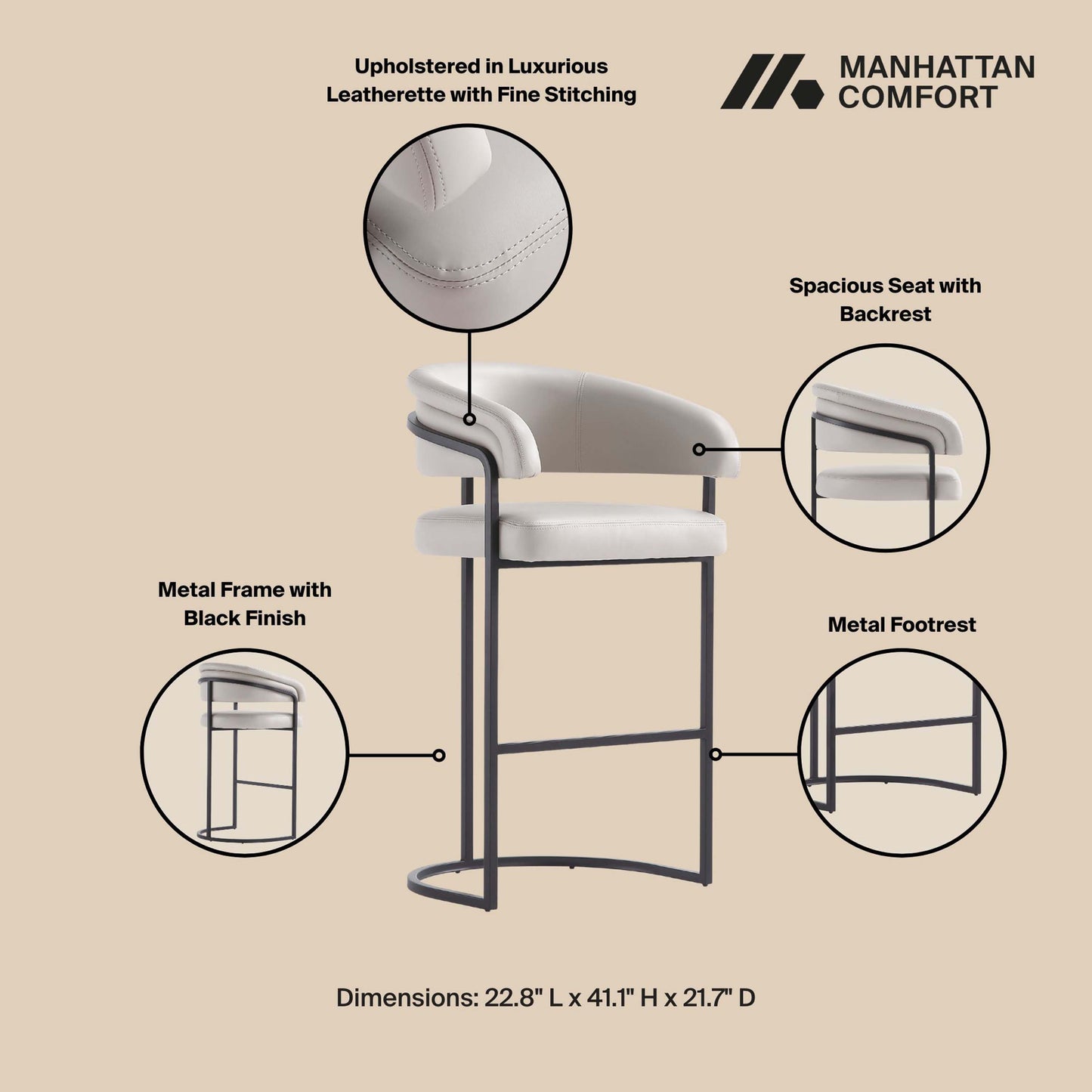 Augusta Modern Metal Upholstered Barstool in Light Gray - Set of 2 2-BS021-LG