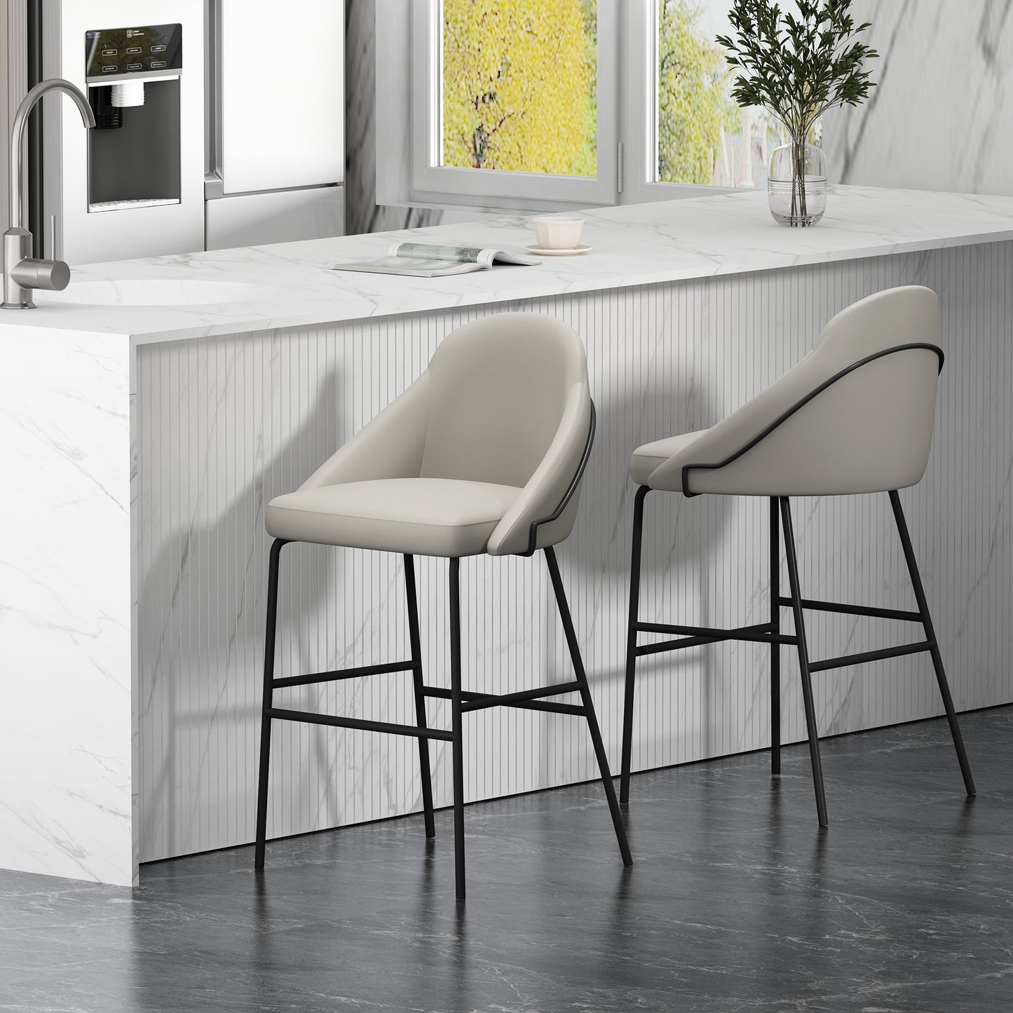 Gracie Modern Metal Upholstered Barstool in Stone Gray and Black - Set of 2 2-BS022-BST