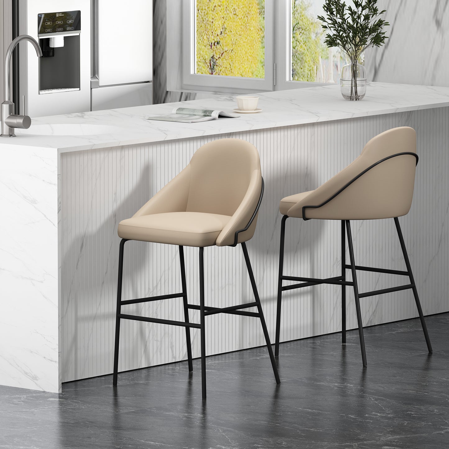 Gracie Modern Metal Upholstered Barstool in Tan and Black - Set of 2 2-BS022-BTN