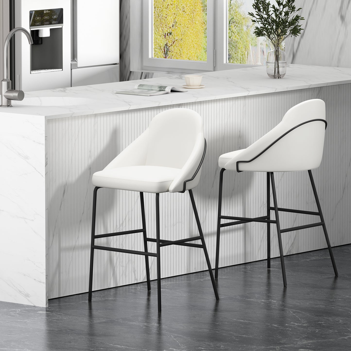 Gracie Modern Metal Upholstered Barstool in White and Black - Set of 2 2-BS022-BWH