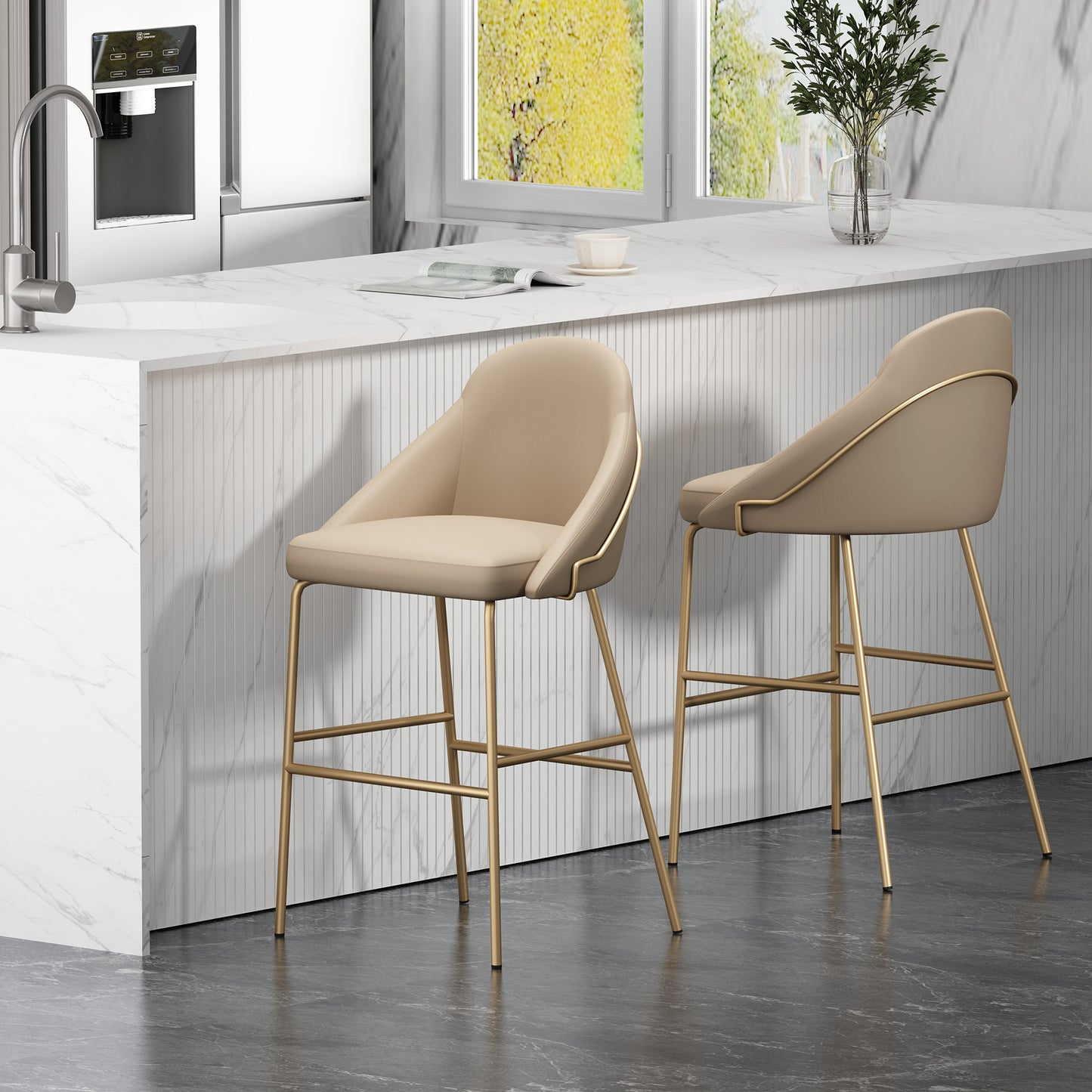 Gracie Modern Metal Upholstered Barstool in Tan and Gold - Set of 2 2-BS022-GTN