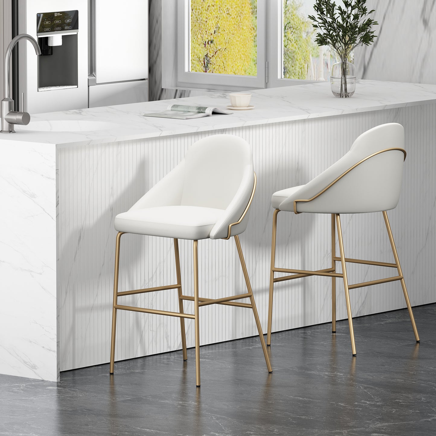Gracie Modern Metal Upholstered Barstool in White and Gold - Set of 2 2-BS022-GWH
