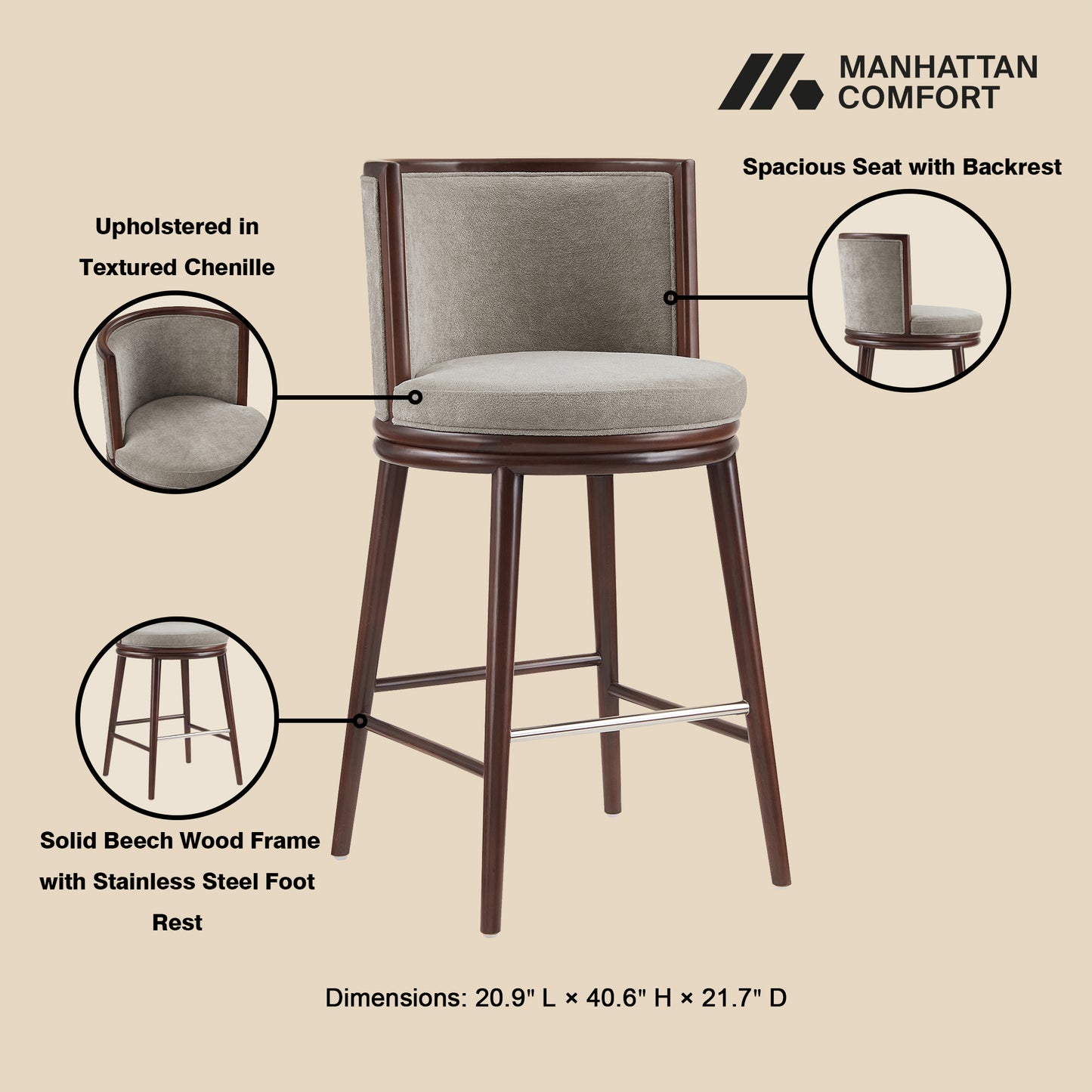 Evalyn Modern Wood Upholstered Barstool in Dove - Set of 2 2-BS024-DO