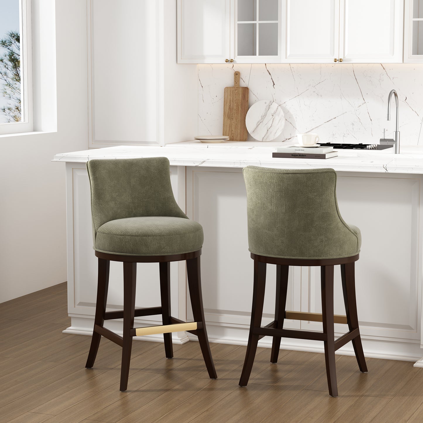 Lucia Modern Wood Upholstered Chenille Barstool in Leaf Green - Set of 2 2-BS025-GR