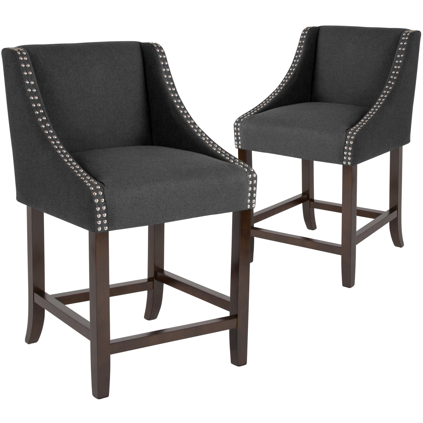 Carmel Series 24" High Transitional Walnut Counter Height Stool with Nail Trim in Charcoal Fabric, Set of 2 Charcoal Fabric