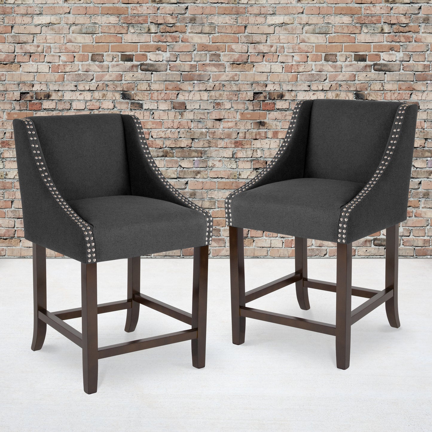 Carmel Series 24" High Transitional Walnut Counter Height Stool with Nail Trim in Charcoal Fabric, Set of 2 Charcoal Fabric