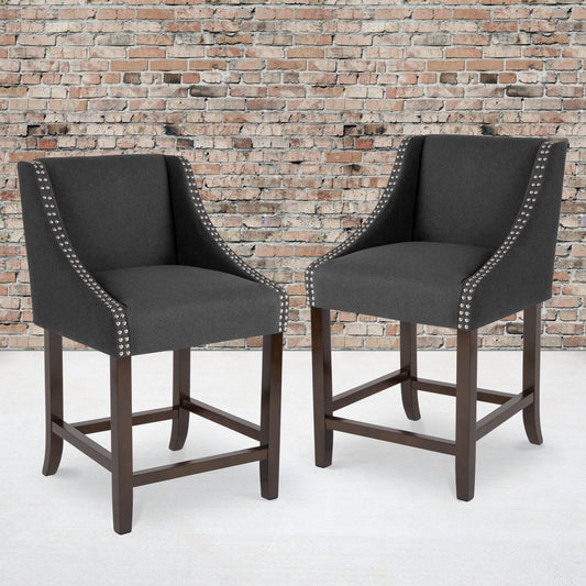 Carmel Series 24" High Transitional Walnut Counter Height Stool with Nail Trim in Charcoal Fabric, Set of 2 Charcoal Fabric