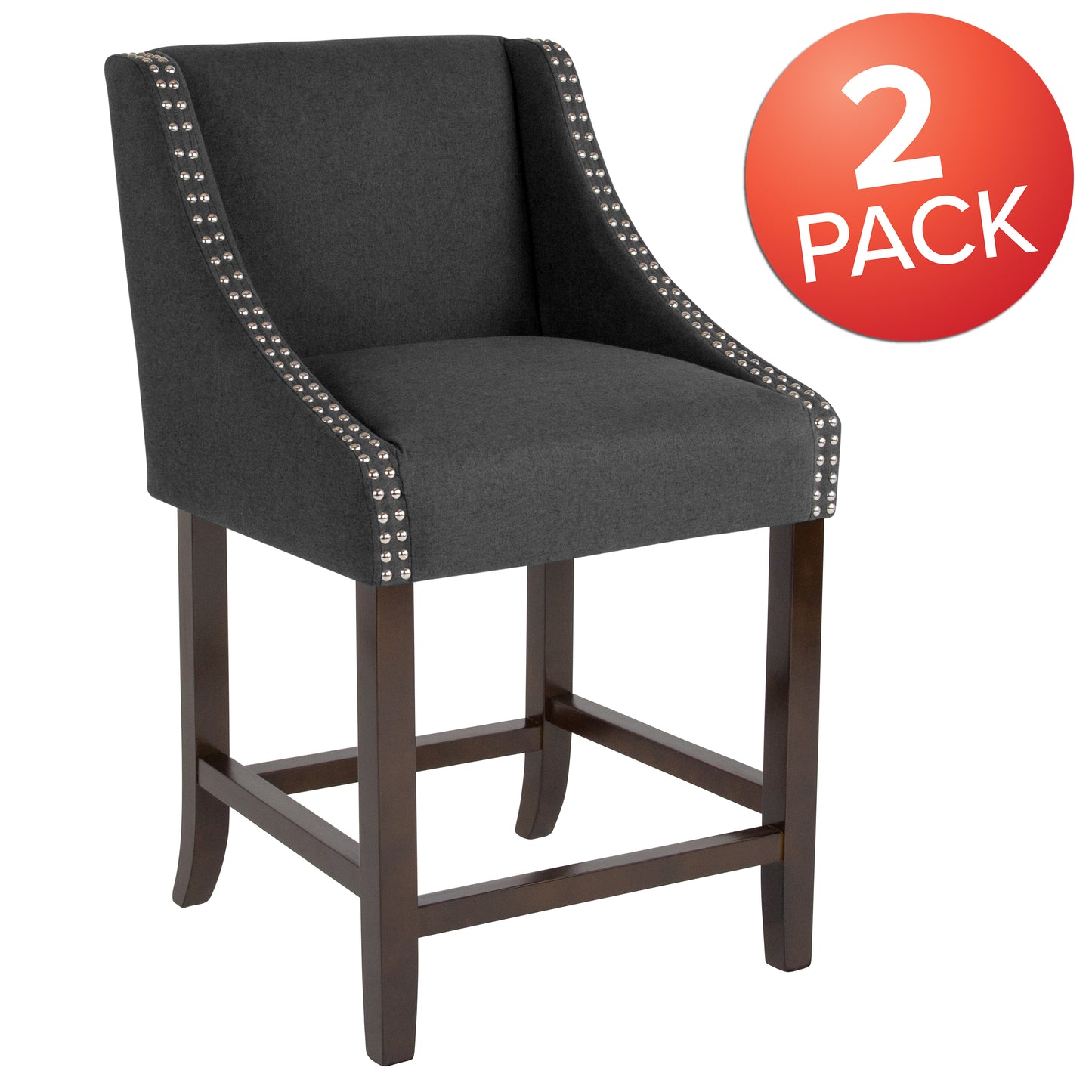 Carmel Series 24" High Transitional Walnut Counter Height Stool with Nail Trim in Charcoal Fabric, Set of 2 Charcoal Fabric