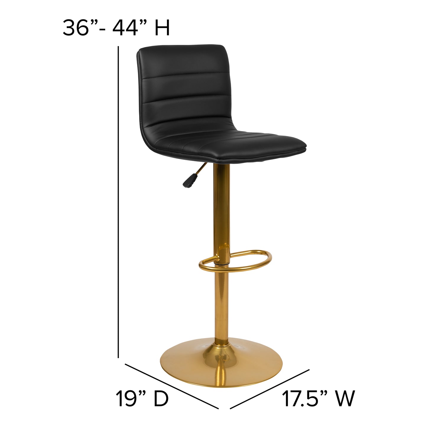 Vincent Modern Black Vinyl Adjustable Bar Stool with Back, Counter Height Swivel Stool with Gold Pedestal Base, Set of 2 Black Vinyl/Gold Frame