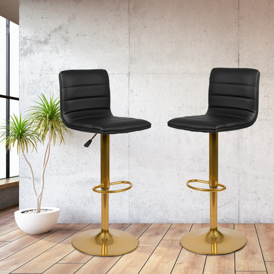 Vincent Modern Black Vinyl Adjustable Bar Stool with Back, Counter Height Swivel Stool with Gold Pedestal Base, Set of 2 Black Vinyl/Gold Frame 2-CH-92023-1-BK-G-GG