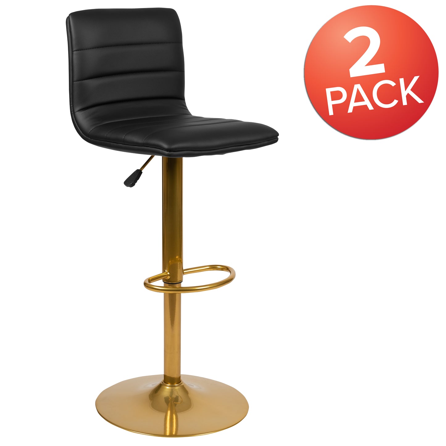 Vincent Modern Black Vinyl Adjustable Bar Stool with Back, Counter Height Swivel Stool with Gold Pedestal Base, Set of 2 Black Vinyl/Gold Frame