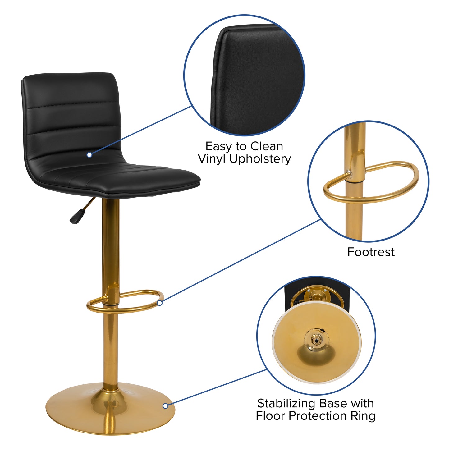 Vincent Modern Black Vinyl Adjustable Bar Stool with Back, Counter Height Swivel Stool with Gold Pedestal Base, Set of 2 Black Vinyl/Gold Frame