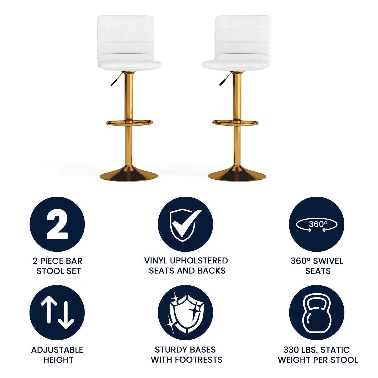 Vincent Modern White Vinyl Adjustable Bar Stool with Back, Counter Height Swivel Stool with Gold Pedestal Base, Set of 2 White Vinyl/Gold Frame