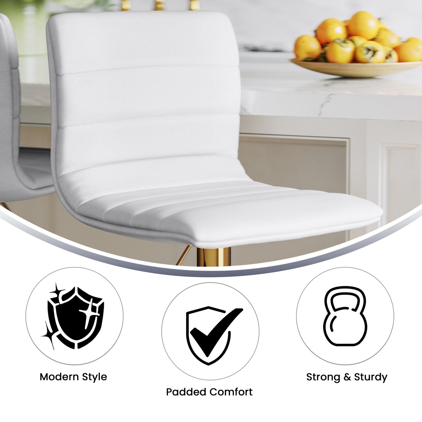 Vincent Modern White Vinyl Adjustable Bar Stool with Back, Counter Height Swivel Stool with Gold Pedestal Base, Set of 2 White Vinyl/Gold Frame