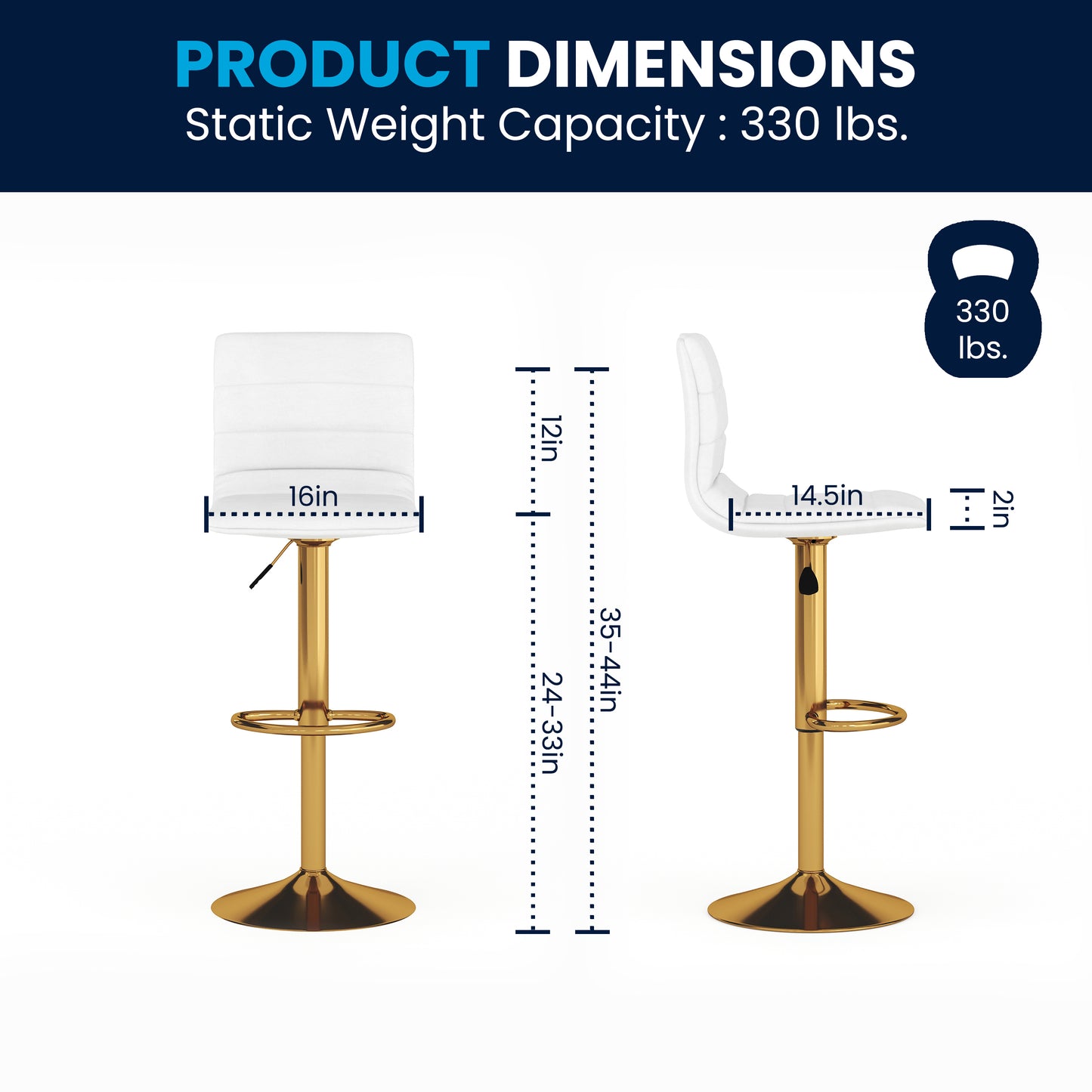 Vincent Modern White Vinyl Adjustable Bar Stool with Back, Counter Height Swivel Stool with Gold Pedestal Base, Set of 2 White Vinyl/Gold Frame
