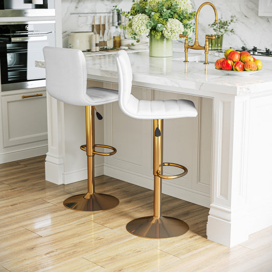 Vincent Modern White Vinyl Adjustable Bar Stool with Back, Counter Height Swivel Stool with Gold Pedestal Base, Set of 2 White Vinyl/Gold Frame 2-CH-92023-1-WH-G-GG