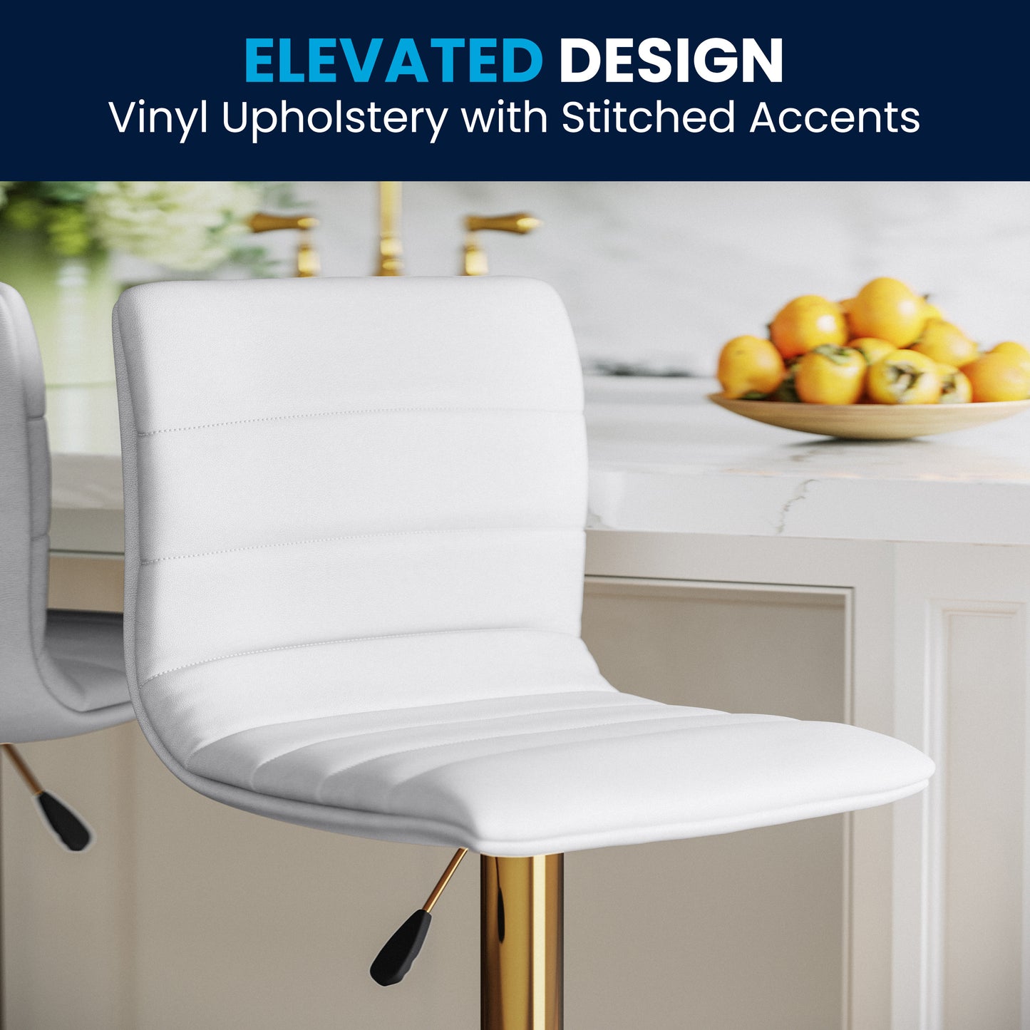 Vincent Modern White Vinyl Adjustable Bar Stool with Back, Counter Height Swivel Stool with Gold Pedestal Base, Set of 2 White Vinyl/Gold Frame