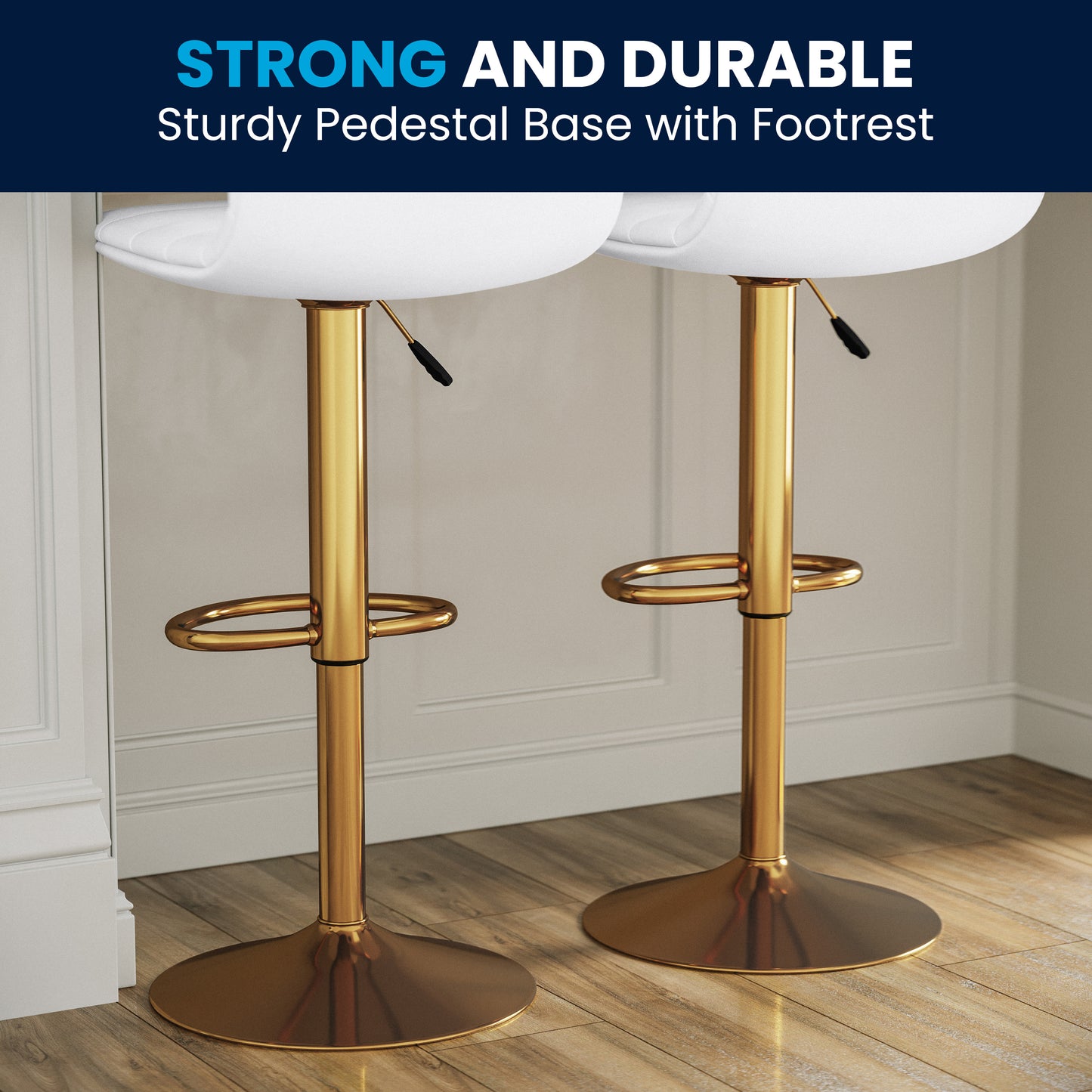 Vincent Modern White Vinyl Adjustable Bar Stool with Back, Counter Height Swivel Stool with Gold Pedestal Base, Set of 2 White Vinyl/Gold Frame