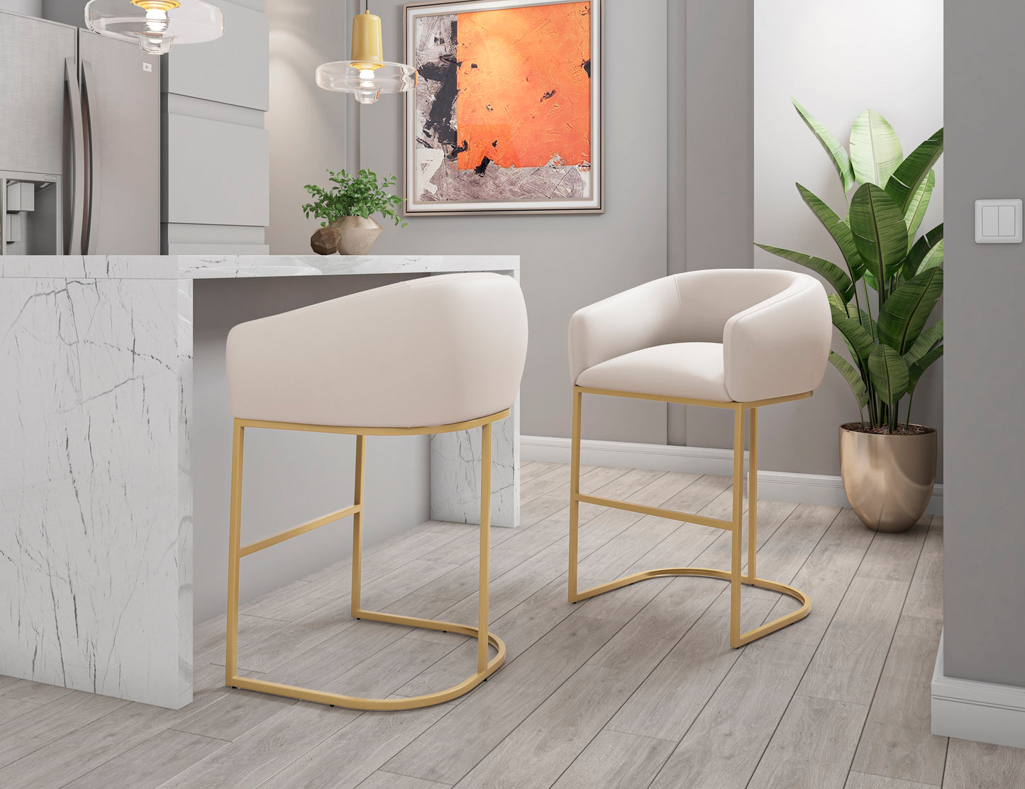 Manhattan Comfort Louvre 36 in. Cream and Titanium Gold Stainless Steel Counter Height Bar Stool (Set of 2) 2-CS009-CR