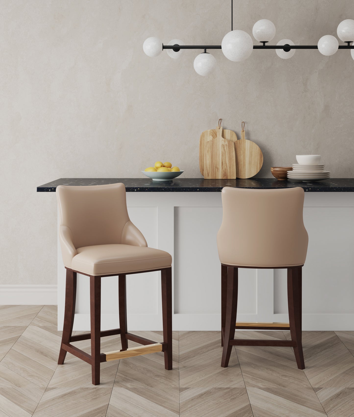 Manhattan Comfort Modern Shubert Counter Stool Upholstered in Tan Leatherette with Beech Wood Legs - Set of 2 2-CS016-TN