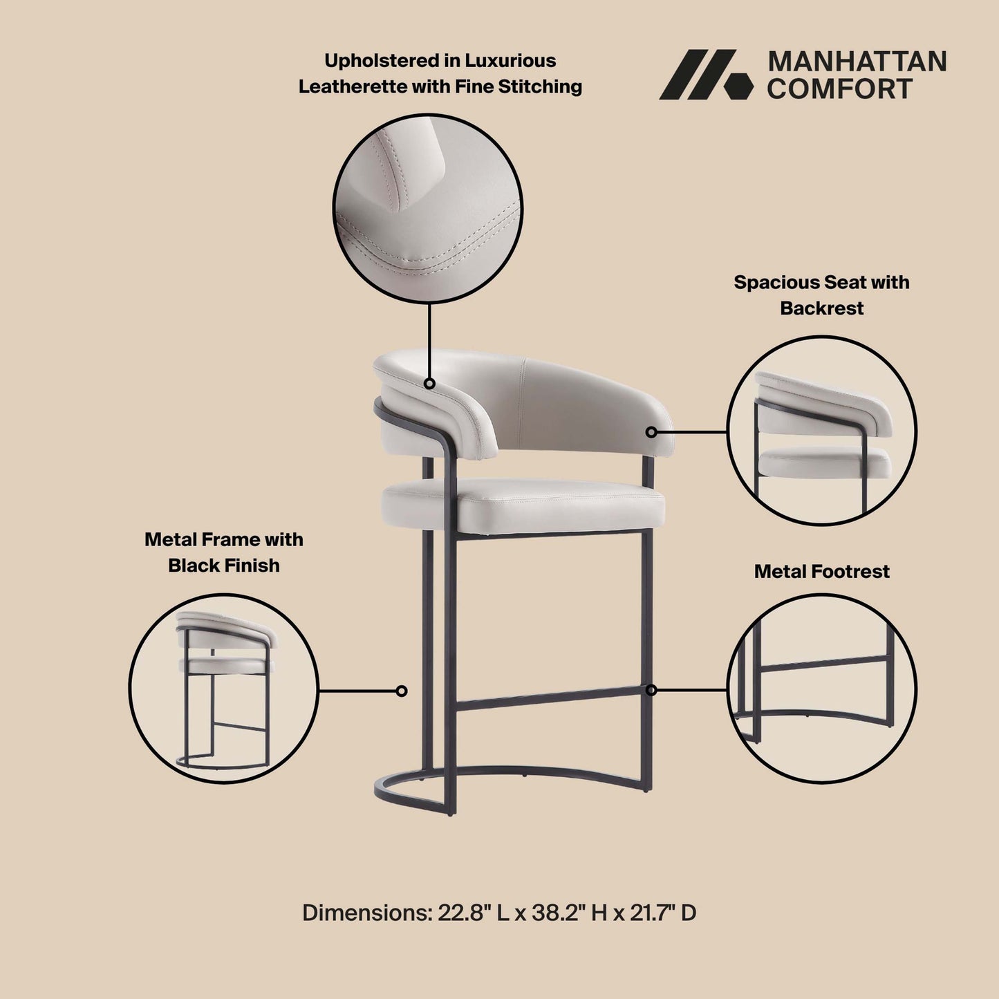 Augusta Modern Metal Upholstered Counter Stool in Light Gray - Set of 2 2-CS018-LG