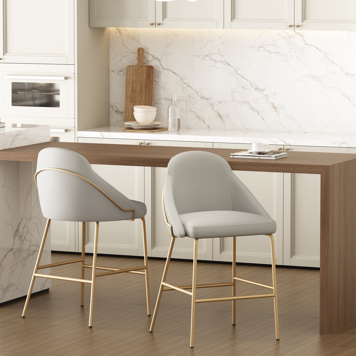 Gracie Modern Metal Upholstered Counter Stool in Stone Gray and Gold - Set of 2 2-CS019-GST