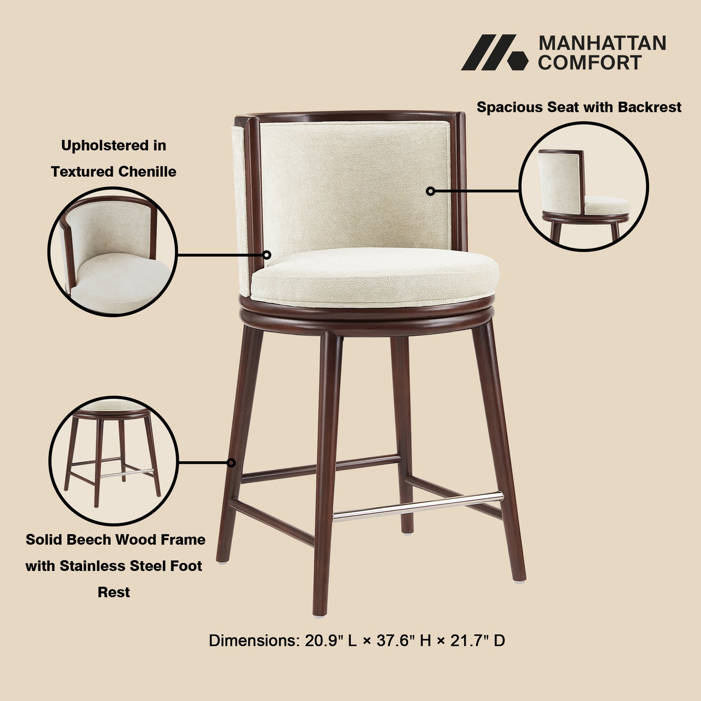 Evalyn Modern Wood Upholstered Counter Stool in Cream - Set of 2 2-CS021-CR